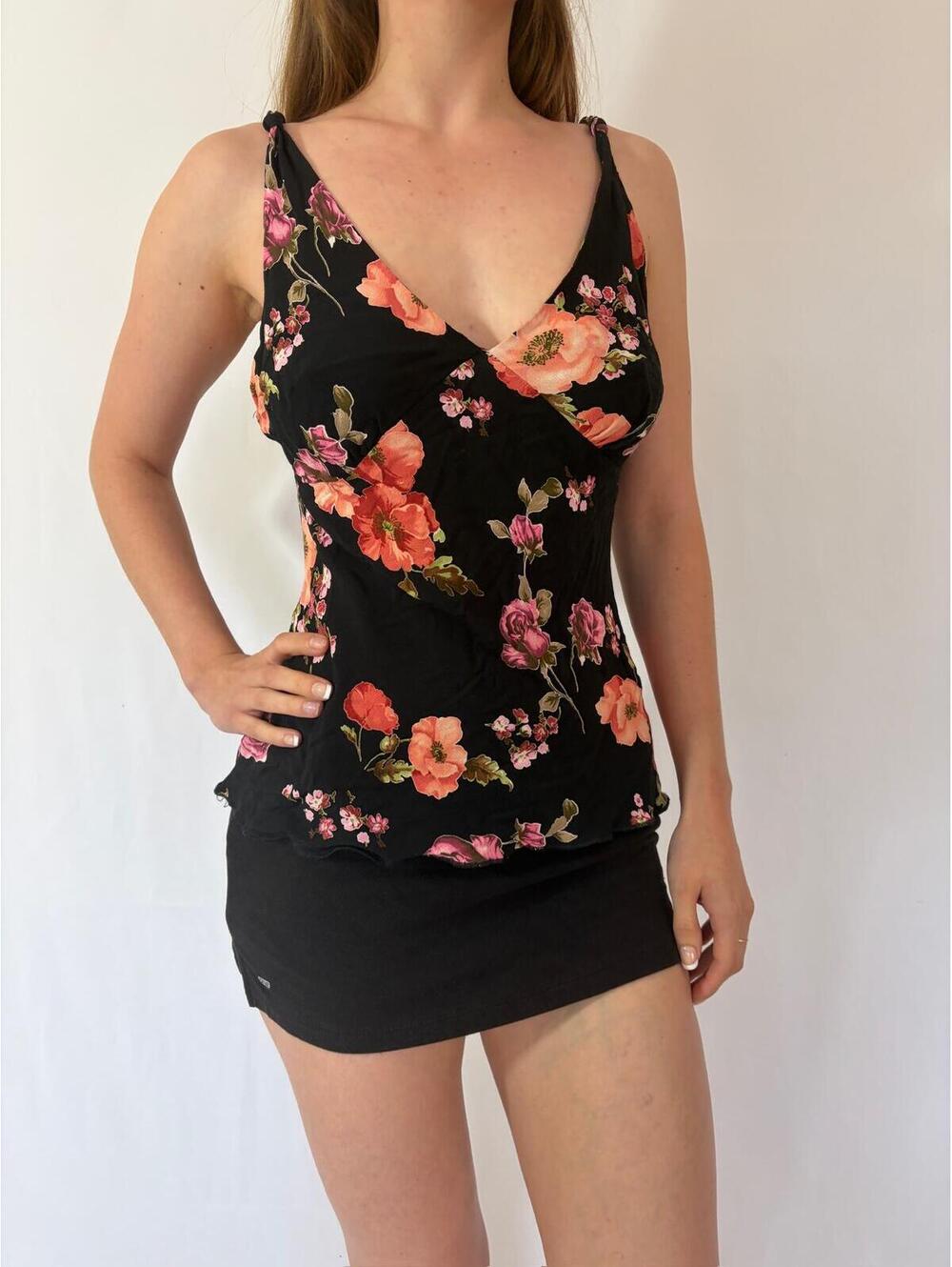 Vintage Black Floral Spring V Neck Cami Tank Top